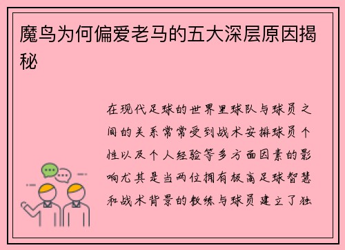 魔鸟为何偏爱老马的五大深层原因揭秘