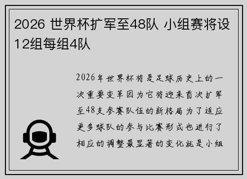 2026 世界杯扩军至48队 小组赛将设12组每组4队